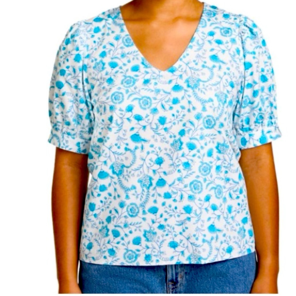 Draper James - Ladies V-Neck Puff Short Sleeve Top, Blue Paisley Cotton Size XL